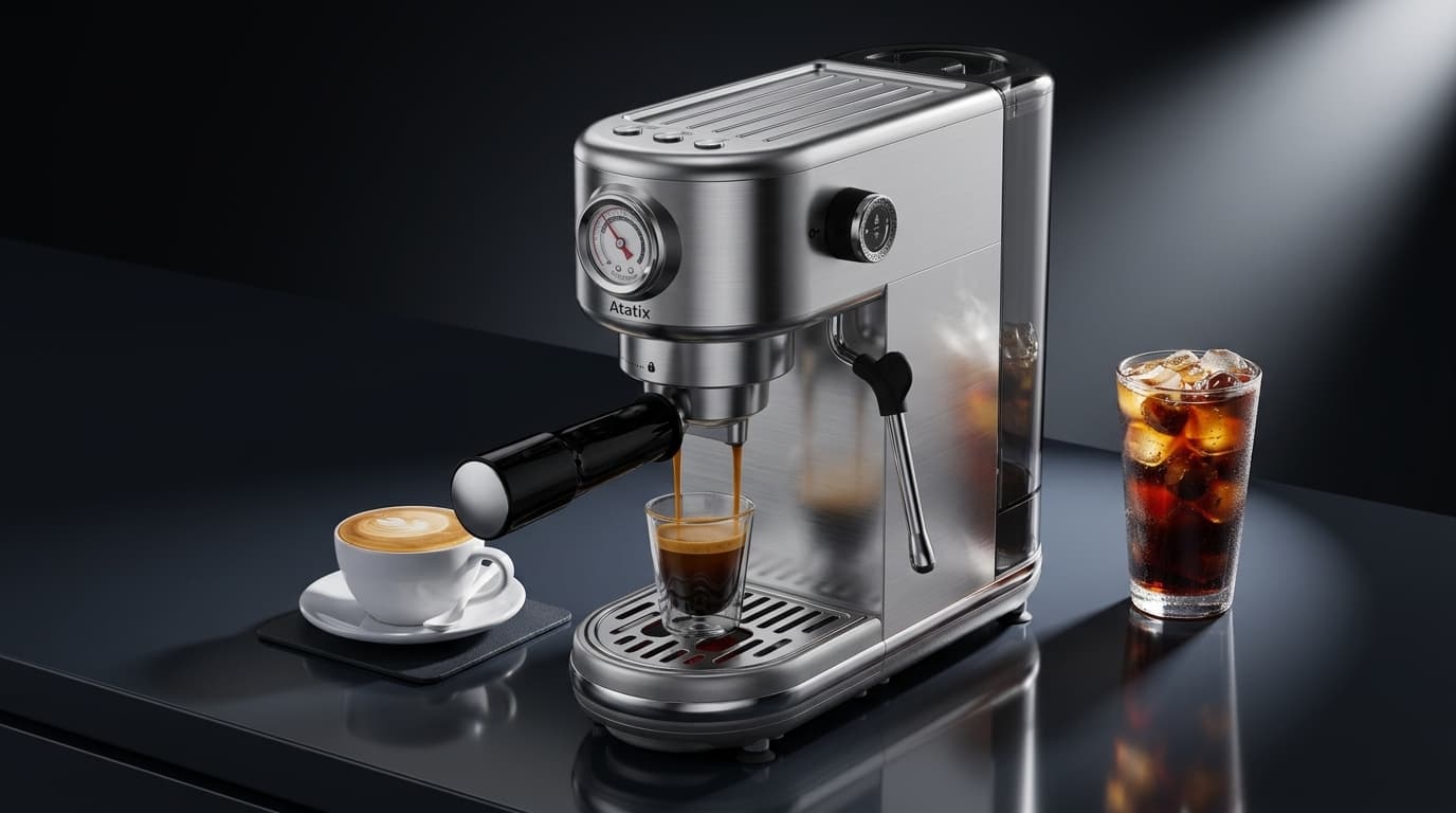 atatix Espresso Machine with Milk Frother – 20 Bar Pressure, Brushed Silver
