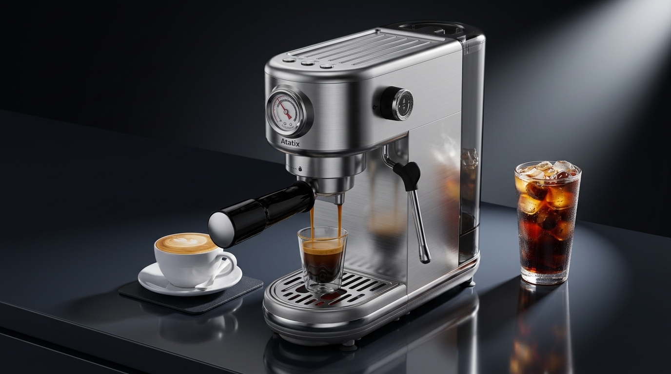 atatix Espresso Machine with Milk Frother – 20 Bar Pressure, Brushed Silver