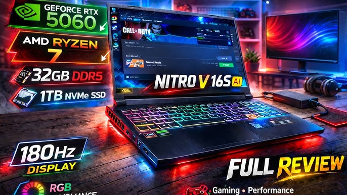 Acer Nitro V 16S AI Gaming Laptop – Ryzen 7 260, RTX 5060, 32GB RAM, 180Hz